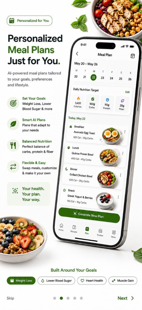 App preview of personalized meal plan with nutrition targets
