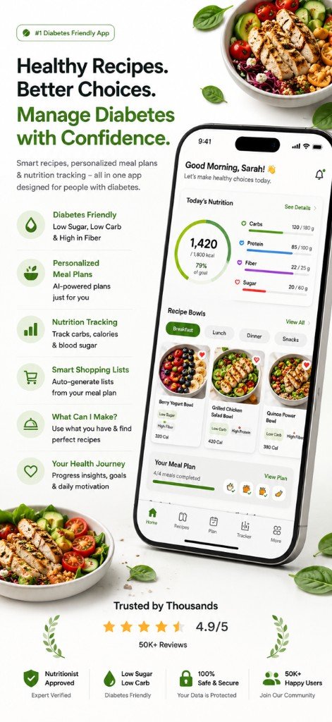 App preview showing diabetes-friendly recipe bowls and nutrition overview