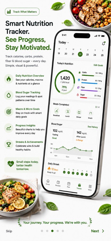 App preview of nutrition and blood sugar tracker